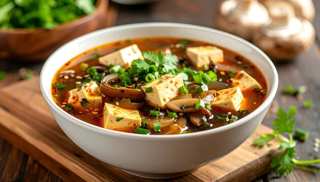A steaming bowl of savory soup with tofu and herbs on a wooden board