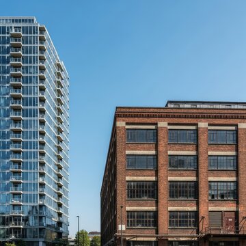 Sleek modern glass apartment complex stands in sharp contrast against a weathered brick industrial factory under a clear blue summer sky, architecture, metropolitan, industrial