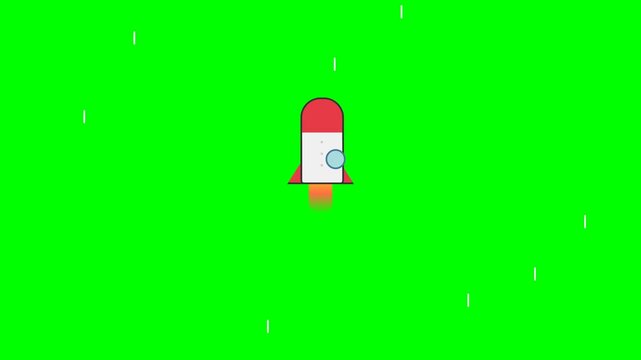 Flat vector rocket launching up with speed lines on green screen chroma key background