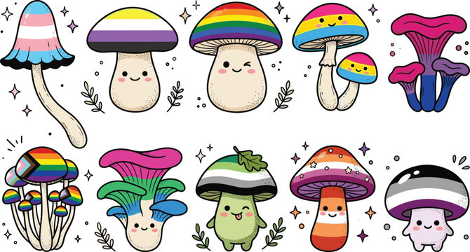 Pride Flag Mushroom Vector Collection with LGBTQ Rainbow Transgender Nonbinary Agender Cute Kawaii Fungi Cartoon Characters and Inclusive Illustrations
