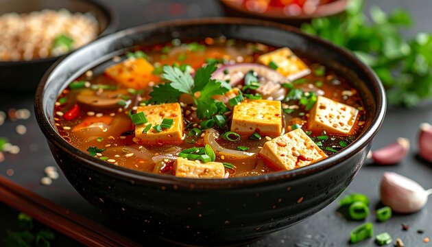 A steaming bowl of savory tofu stew garnished with green herbs