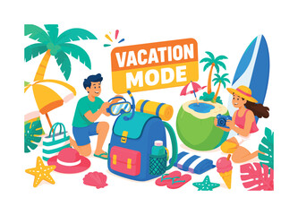Fototapeta premium Minimal Beach Vacation banner illustration, clean beach packing scene with oversized backpack and coconut island object, 2 expressive stylized human characters placing snorkel goggles and camera
