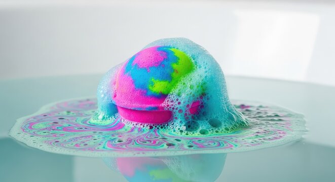 Vibrant spherical bath bombs dissolving into thick, swirling neon bubbles and textured foam, creating a dreamy spa atmosphere of pure color, spa, scents, lather