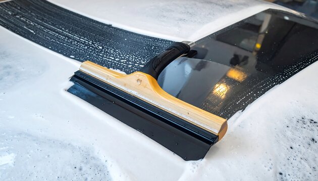 A squeegee with a yellow handle and black blade cleans a soapy car windshield