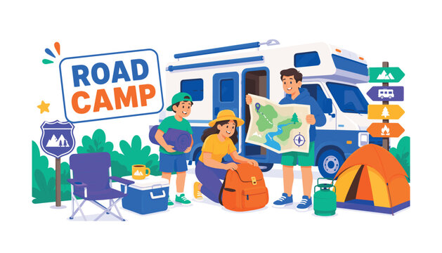 RV Camping Roadtrip banner scene with three expressive stylized human family travelers unpacking around an oversized RV and giant campsite map, caravan wheel reaching side edge, camping chair touching
