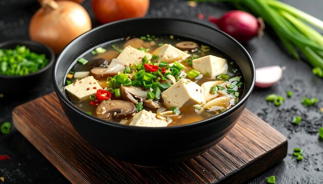 A steaming bowl of savory soup with tofu and herbs on a wooden board