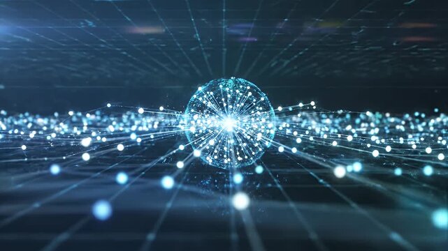 A futuristic abstract visualization depicts a network of interconnected nodes and lines, glowing with a cool blue light against a dark background, suggesting data flow and digital connectivity.