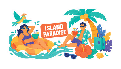 Obraz premium Island Paradise wide panoramic website header banner with 2 expressive stylized island travelers lounging beside oversized palm tree and giant lagoon float stretching across all edges, with coconut