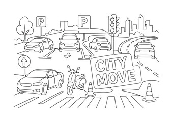 Obraz premium Automotive Parking Traffic. Automotive Parking Traffic Banner minimalist one-line drawing of cars, parking lot, traffic cones and scooter with road edges reaching canvas borders, bold label 