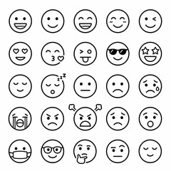 Fototapeta premium Collection of simple black and white outline emoji faces with varied expressions.