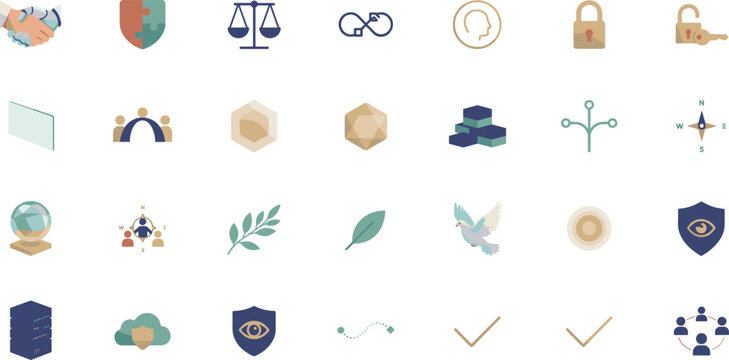 Business security and legal compliance vector icon set Business security and legal compliance vector icon set featuring shields scales of justice locks server data cloud storage handshake and team 
