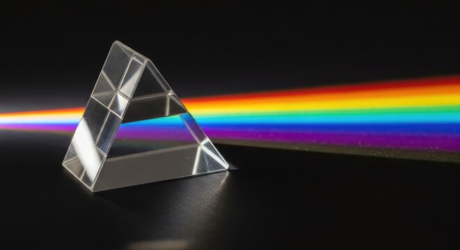 A realistic glass triangular prism refracts a beam of white light into a vibrant rainbow spectrum across a dark black background setting, isolated, dispersion, clarity