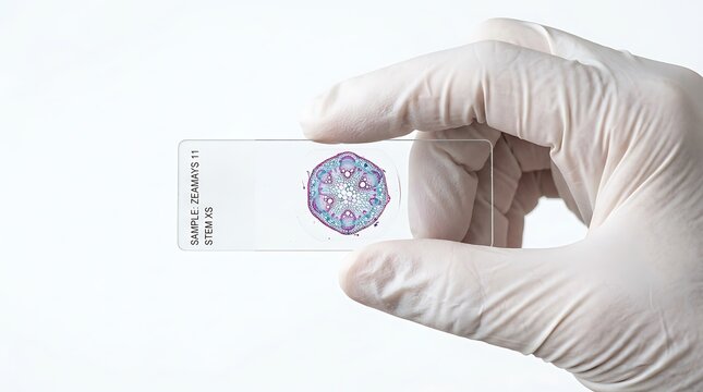 Hand in blue glove holding microscope slide. Scientist preparing glass specimen for lab analysis. Medical professional examining sample under micro...