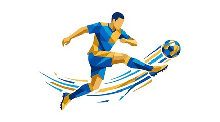 Obraz premium Dynamic soccer player kicking a football. Athlete in mid-air executing a powerful strike on the ball. Professional footballer in action during a ma...