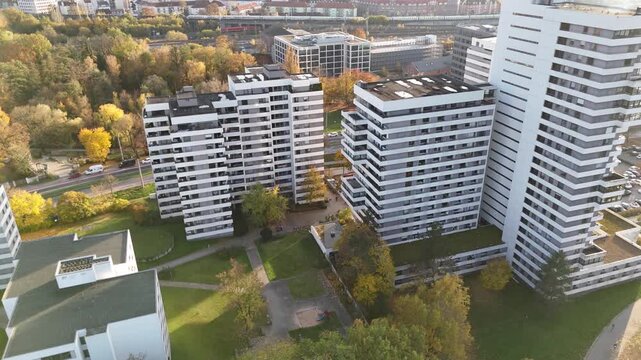 Residential high rise towers standing in a green park