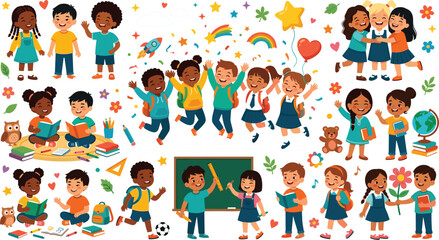 Fototapeta premium Large diverse collection of happy school children characters set reading jumping studying and playing with classroom icons isolated on white background