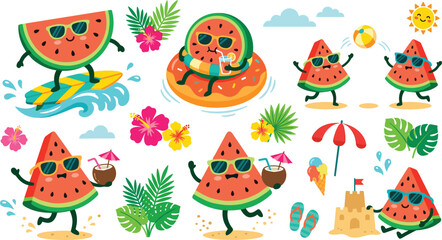 Obraz premium Cute funny summer watermelon slice characters mascot set surfing floating on tube holding coconut drinks and playing beach volleyball flat vector