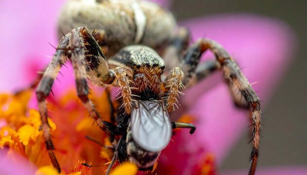 A spider with brown and gray hues holds a white and black insect on a vibrant pink and orange flower
