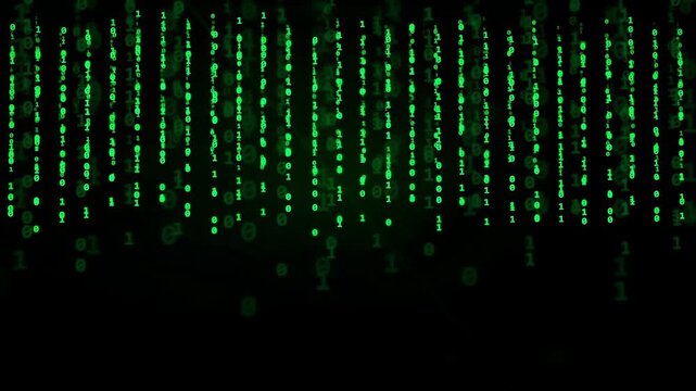 Digital green binary code raining down on a black background for technology and data concepts