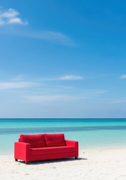 A vibrant red sofa sits on pristine white sand beside a tranquil turquoise ocean under a brilliant blue sky on a bright sunny day, outdoors, vibrant, island