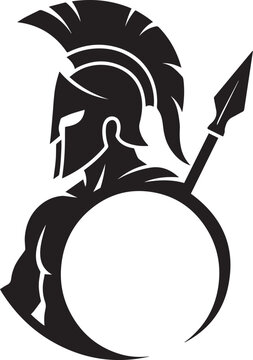 Black silhouette of a spartan warrior with a helmet and a spear for sports team logo isolated on transparent background, Vector, illustration
