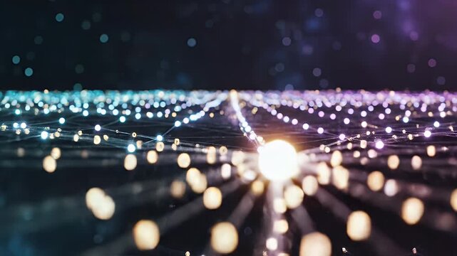 A futuristic abstract image depicts a network of interconnected glowing nodes and lines against a dark, cosmic background, symbolizing data, connectivity, and technological advancement.