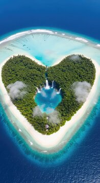 Aerial view of a heart-shaped tropical atoll featuring dense emerald jungle, white sand beaches, and misty waterfalls flowing into blue sea, shape, cascade, top