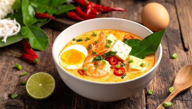 A steaming bowl of spicy soup with shrimp, egg, and herbs