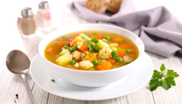 A steaming bowl of vegetable soup on a white plate with spoon and herbs
