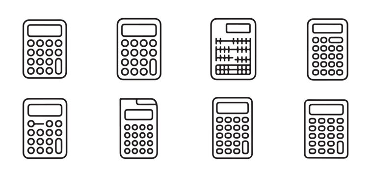 Calculator and abacus icons on checkered background different counting tools for education finance.