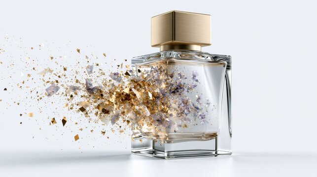 A perfume bottle exploding with golden particles and purple fragments, creating a dynamic and abstract visual