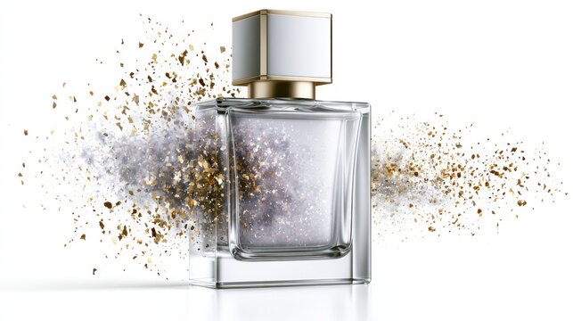 A luxurious perfume bottle with an elegant design, surrounded by shimmering particles that evoke a sense of glamour and sophistication. The clear glass bottle reveals the delicate contents within.