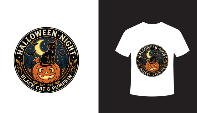 Halloween night black cat and pumpkin vector logo design for t-shirt or merchandise with spooky and mysterious vibe