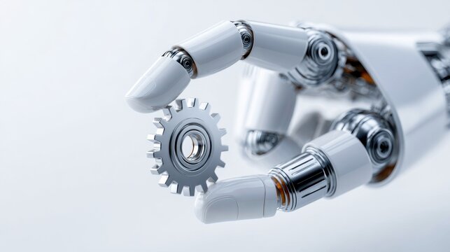 A white robotic hand holding a small gear cog with its index finger and thumb. The robotic hand features articulated joints and metallic components, with a clean, modern aesthetic