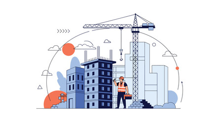 Obraz premium Modern construction site with industrial crane, new high buildings, and professional builder with toolkit.