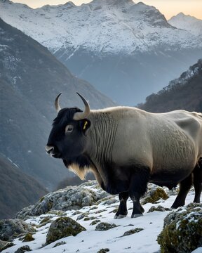 A  toned takin fantasy animal, fictional species  in a snow dusted mountain pass