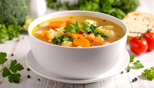 A steaming bowl of vegetable soup with fresh herbs on top