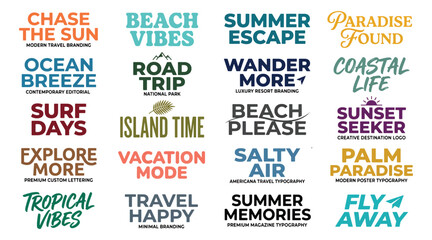 Obraz premium Collection of tropical summer vacation typography lettering quotes and phrases