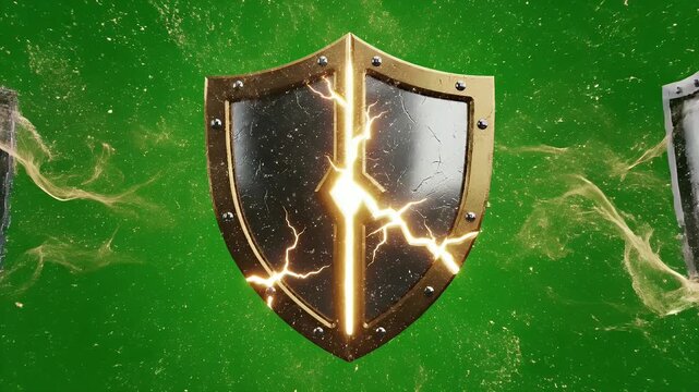 A detailed 3D rendering showcases a cracked, ornate shield with a black central panel and a golden frame against a vibrant green background.