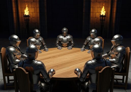 Suits of polished steel armor positioned around a heavy circular wooden table within a dimly lit stone hall featuring flickering torches, atmospheric, gold, council