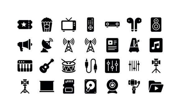 Broadcast Motion Icons. Solid glyph icon set of Audio and Video: cinema ticket, popcorn bucket, television, remote control, soundbar, earbuds, megaphone, satellite dish, antenna tower, music note