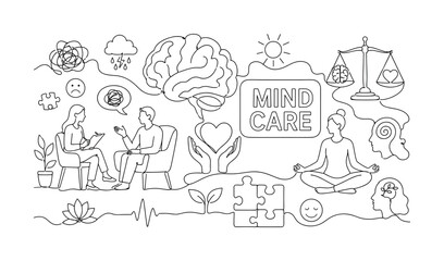 Fototapeta premium Psychology Mental Health Icons. Clean one-line drawing composition with brain, therapy session, calm meditation scene across canvas, 2?3 characters, oversized brain and heart balance, small emotional