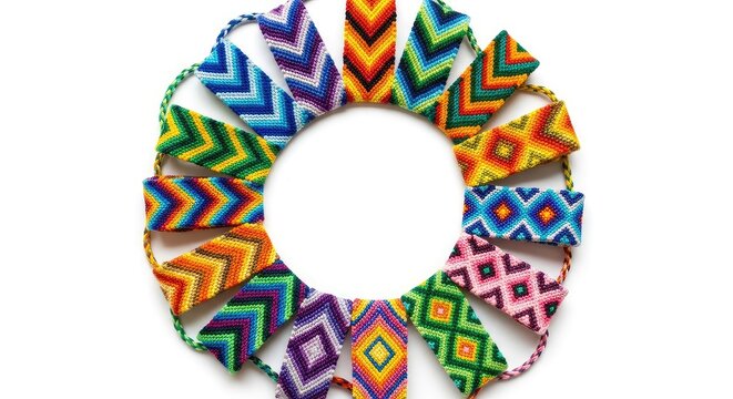 Vibrant handmade woven friendship bracelets arranged in a perfect circle on a clean white background with ample negative space in the middle, friendship, woven, art