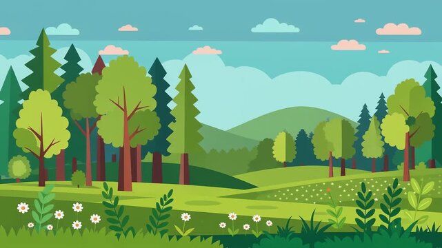 Flat vector illustration of a lush forest landscape with rolling hills and blooming wildflowers under a bright blue sky