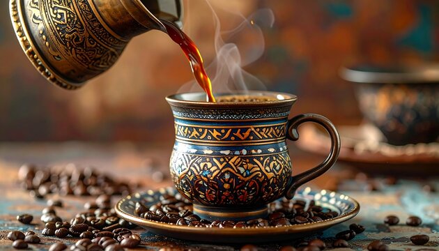 A steaming cup of coffee being poured from a decorative pot
