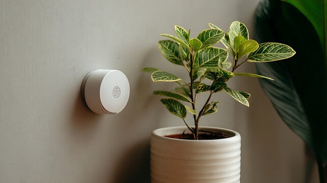 A smoke detector placed near a small leafy plant in a white pot