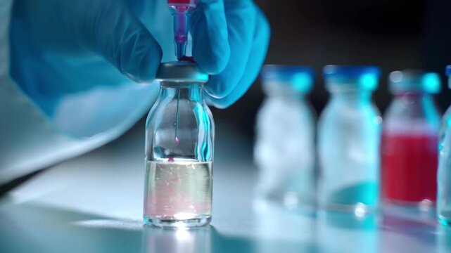 Gloved Hand Injecting Liquid Into Laboratory Vial