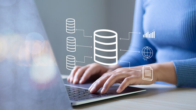 Business professionals utilize business data analytics systems on laptop computers, emphasizing the concept of data and process integration.