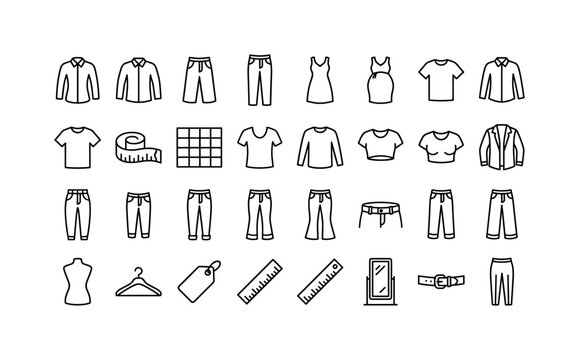 Fit Measurement Lines. Line icon set of clothing size and fit: slim shirt, regular shirt, relaxed trousers, tall pants, petite dress, maternity dress, unisex tee, measurement tape, size chart, short