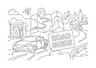 Obraz premium Automotive Navigation Transport. Automotive Navigation Transport Banner minimalist one-line drawing of car, map, fuel pump, and route line spanning edges with minimal city details, bold label 